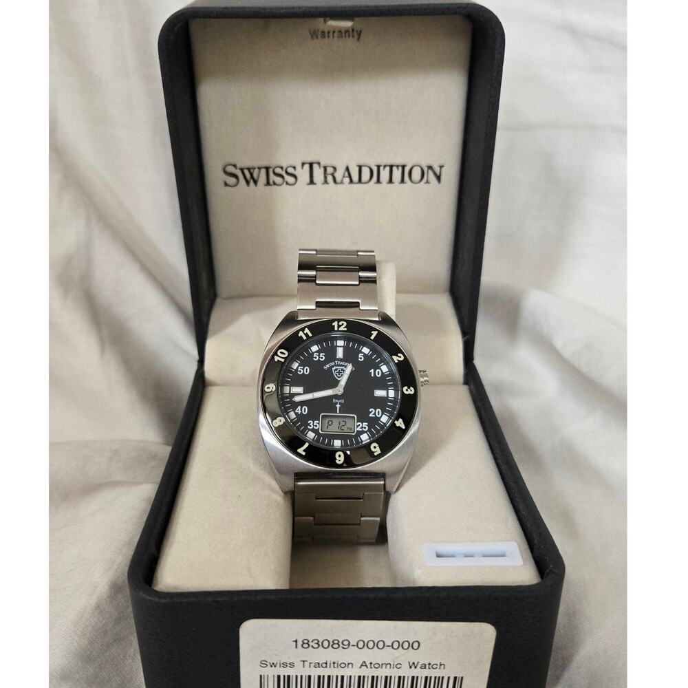Vintage Swiss Tradition Mens Atomic Watch 183089 Silver Tone